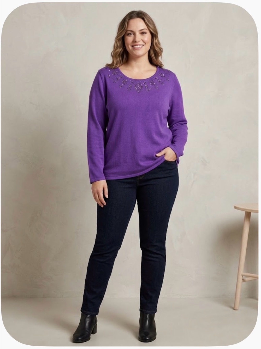 Allison Daley Purple Beaded Scoop-Neck Knit Top